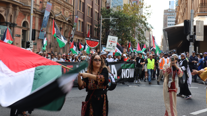 Palestinian protester waves the flag of her people, after she spoke of the similarities of the struggles of the Palestinian and Aboriginal peoples and the same pretext of empty land
