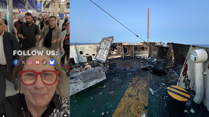 Freedom Flotilla Coalition volunteer Australian citizen Helen O’Sullivan at the airport in Malta seeing off some of the crew from the Conscience as they were being hurried out of the country (left), along with Freedom Flotilla Coalition volunteer Australian citizen Helen O’Sullivan at the airport in Malta seeing off some of the crew from the Conscience as they were being hurried out of the country (left), along with