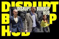 The Disrupt Burrup Hub trio facing court this Friday. Gerard Mazza is speaking to the press, as Jesse Noakes is behind him, and Tahlia Stolarski is to his side