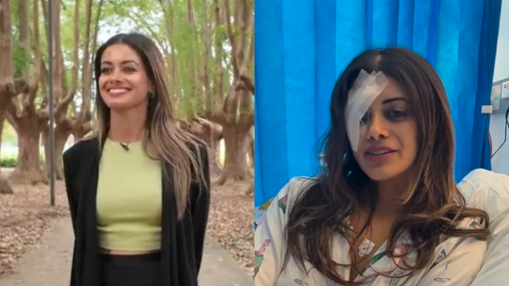 Lawyer Hannah Thomas, on the left campaigning in the recent federal election and on the right, speaking from her hospital bed on Sunday night after being assault by NSW police