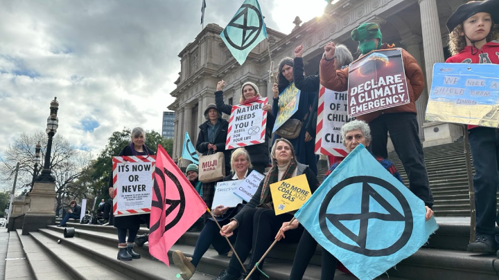 The participants of the Extinction Rebellion Victoria weekly rally for climate at Parliament House, Melbourne on their two year rally anniversary