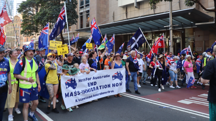 Participants in the bedraggled March for Australia procession called out to those in the Sydney CBD, insisting it was time to send immigrants back to the countries from which they came Participants in the bedraggled March for Australia procession called out to those in the Sydney CBD, insisting it was time to send immigrants back to the countries from which they came