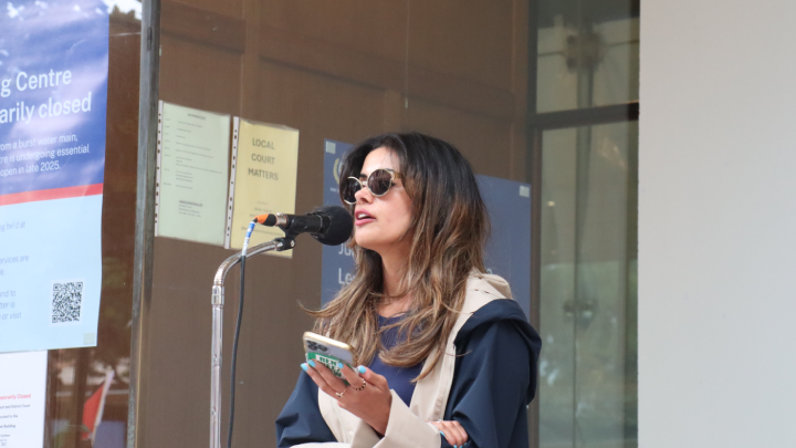 Greens member Hannah Thomas calls out the police violence unleashed at the weapons expo