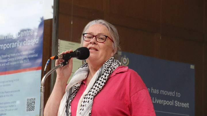 UNSW anticolonial law academic Dr Ingrid Matthews spoke on the colonial violence of the imposed system on Indigenous land