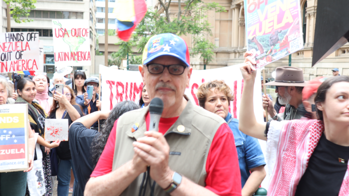 Australian political economist Dr Tim Anderson addressing the protest against the US attack on Venezuela Australian political economist Dr Tim Anderson addressing the protest against the US attack on Venezuela