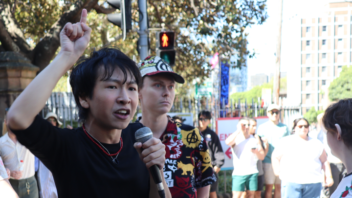 Damien Nyguyen and Evan Gray at a Pride in Protest rally in February 2025 Damien Nyguyen and Evan Gray at a Pride in Protest rally in February 2025