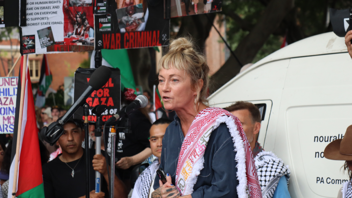 Documentary filmmaker Juliet Lamont addresses the Free Gaza protest on Gadigal land in Sydney&rsquo;s Hyde Park in October 2025, after she returned from the Global Sumud Flotilla mission