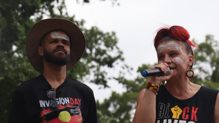 Dunghutti man Paul Silva and Gumbaynggirr, Dunghutti and Bundjalung woman Lizzy Jarrett MCed the Invasion Day 2026 rally Dunghutti man Paul Silva and Gumbaynggirr, Dunghutti and Bundjalung woman Lizzy Jarrett MCed the Invasion Day 2026 rally