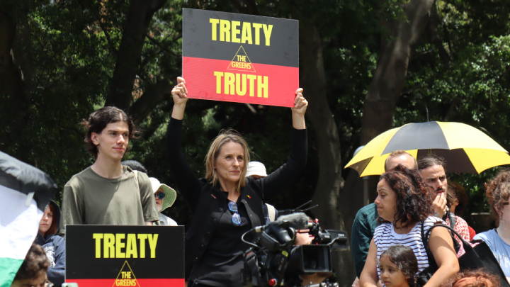 NSW Greens MLC Sue Higginson at the Blak Caucus rally in Hyde Park NSW Greens MLC Sue Higginson at the Blak Caucus rally in Hyde Park