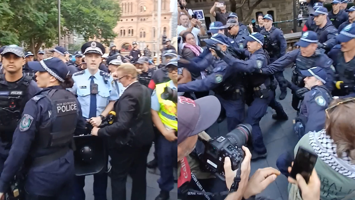 On the left, a senior NSW police officer carries an LRAD sound cannon