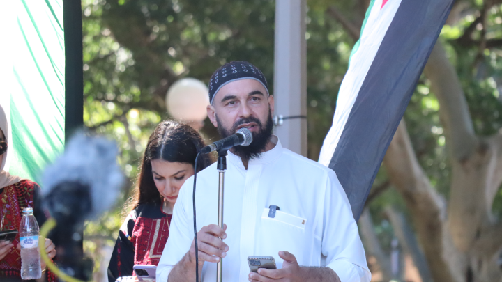 Shaykh Wesam Charkawi addresses a Palestine rally on Gadigal land in Sydney&rsquo;s Hyde Park in March 2024
