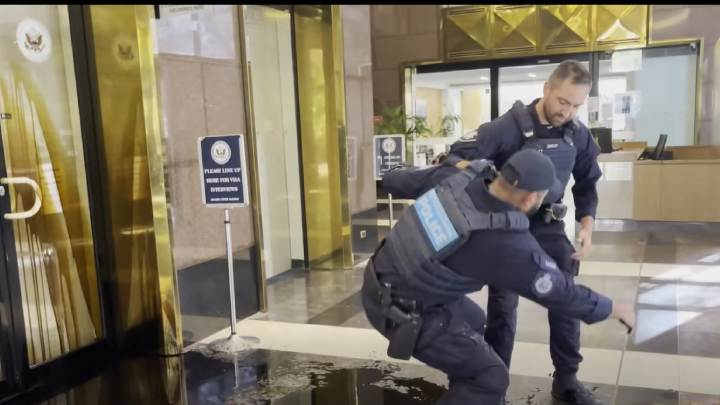 A Victoria police officer takes a spill in the blood and oil &ldquo;the prime lubricants of the predator class&rdquo;