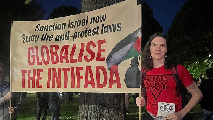 Pride in Protest&rsquo;s Miles Carter attending the public forum "Why it is right to say Globalise the Intifada" held on Gadigal land in Redfern&rsquo;s Charles Kiernan Reserve on 5 May 2026. The forum was to be held at a community centre, but the City of Sydney cancelled the booking