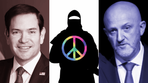 Official portrait of Marco Rubio is in the public domain. Burgess in 2023 by ASIO is licensed under BY CC 3.0. Peace sign and terrorist from Shutterstock. Image asset number 1904316616