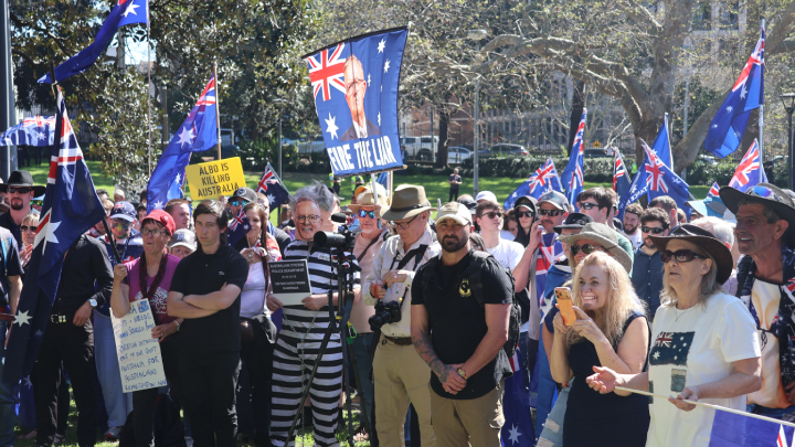 March for Australia demonstrators gather for a group photo on Gadigal land March for Australia demonstrators gather for a group photo on Gadigal land