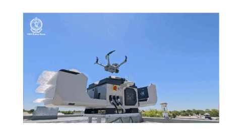 A PolAir Remote NSW police drone on top of Moree police station. Photo credit NSW police press photo