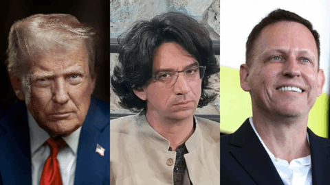 Left, Donald Trump by Daniel Torok is in the public domain. Middle, Curtis Yarvin in 2025 by Elekes Andor is licensed under CC BY 4.0. Right, Peter Thiel in 2022 by Gage Skidmore is licensed under CC BY SA 3.0.