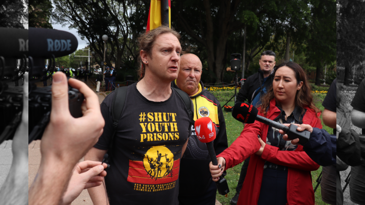 Paddy Gibson talking to the press at an Aboriginal deaths in custody rally on Gadigal land in Sydney’s Hyde Park in January 2026. Photo credit Paul Gregoire Paddy Gibson talking to the press at an Aboriginal deaths in custody rally on Gadigal land in Sydney’s Hyde Park in January 2026. Photo credit Paul Gregoire