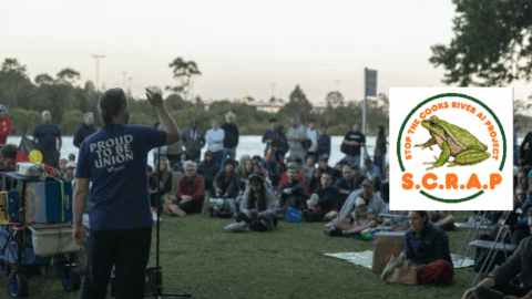 Padraic Gibson addressing the first SCRAP the Cooks River AI datacentre rally held on Bidjigal land at Wolli Creek&rsquo;s Cahill Park on 9 October 2026