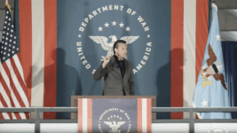 Still taken from Pentagon of Hegseth Addresses Cadet Wing at Air Force Academy footage, which is available on the US Department of War Multimedia site for the press